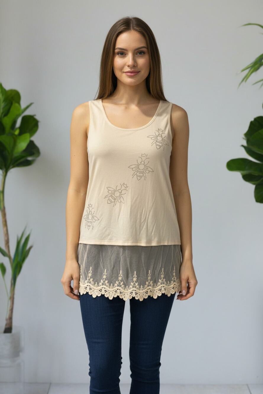 Origami Crystal Embellished Beige Queen Bee Lace Tank Small